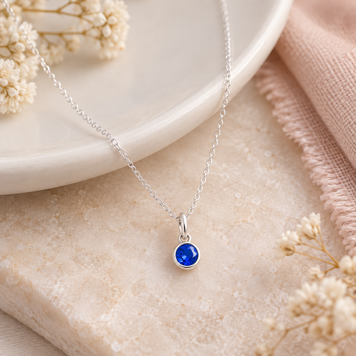 Sterling Silver Necklace with round crystal birthstone