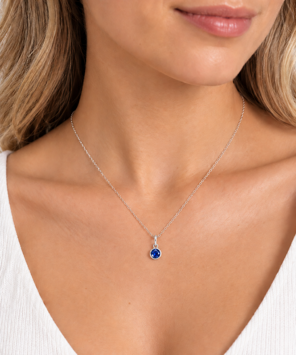 Sapphire September Birthstone Necklace in Sterling Silver worn by model