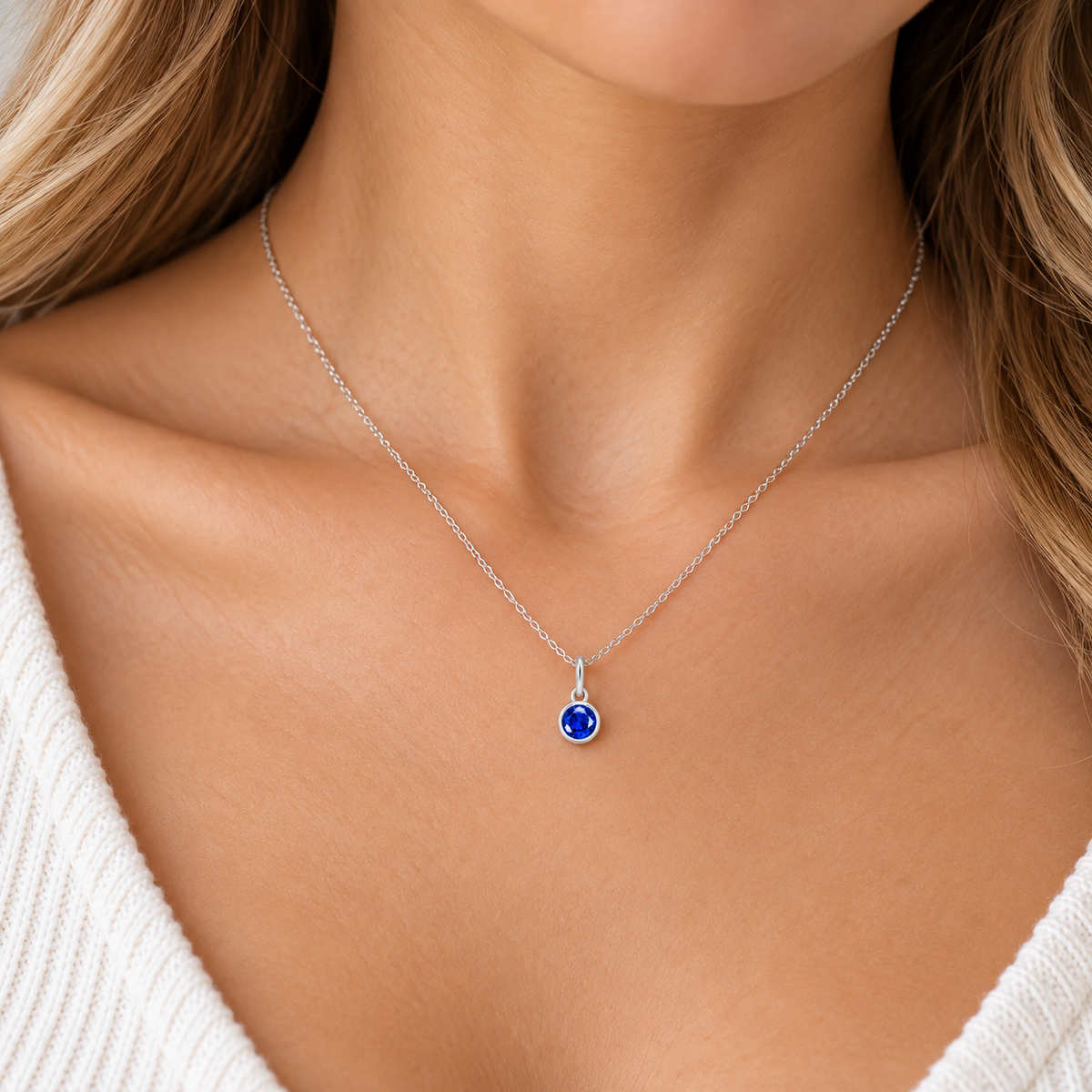 Round Birthstone Necklace in sterling silver worn by model