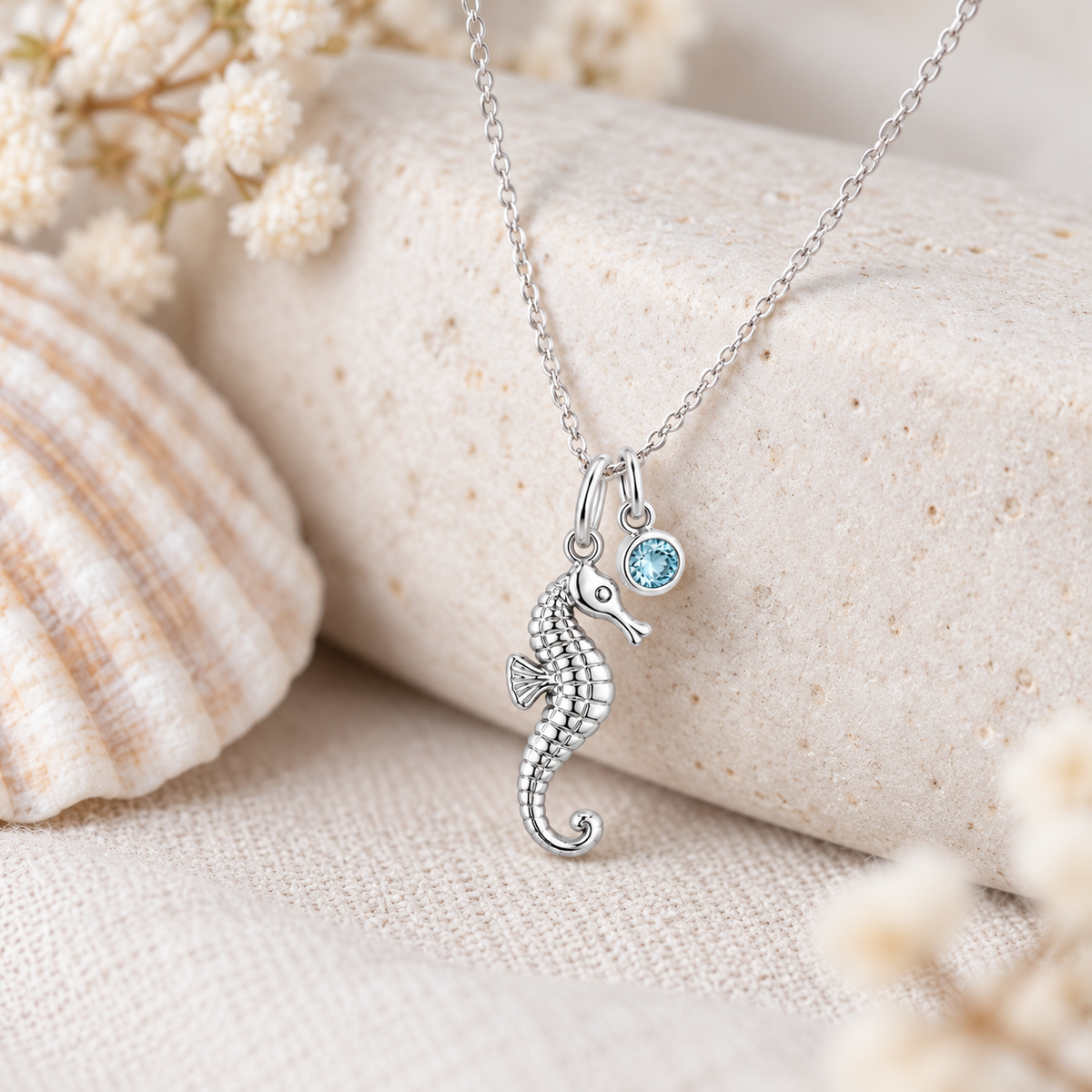 Sterling Silver Seahorse Necklace with crystal birthstone