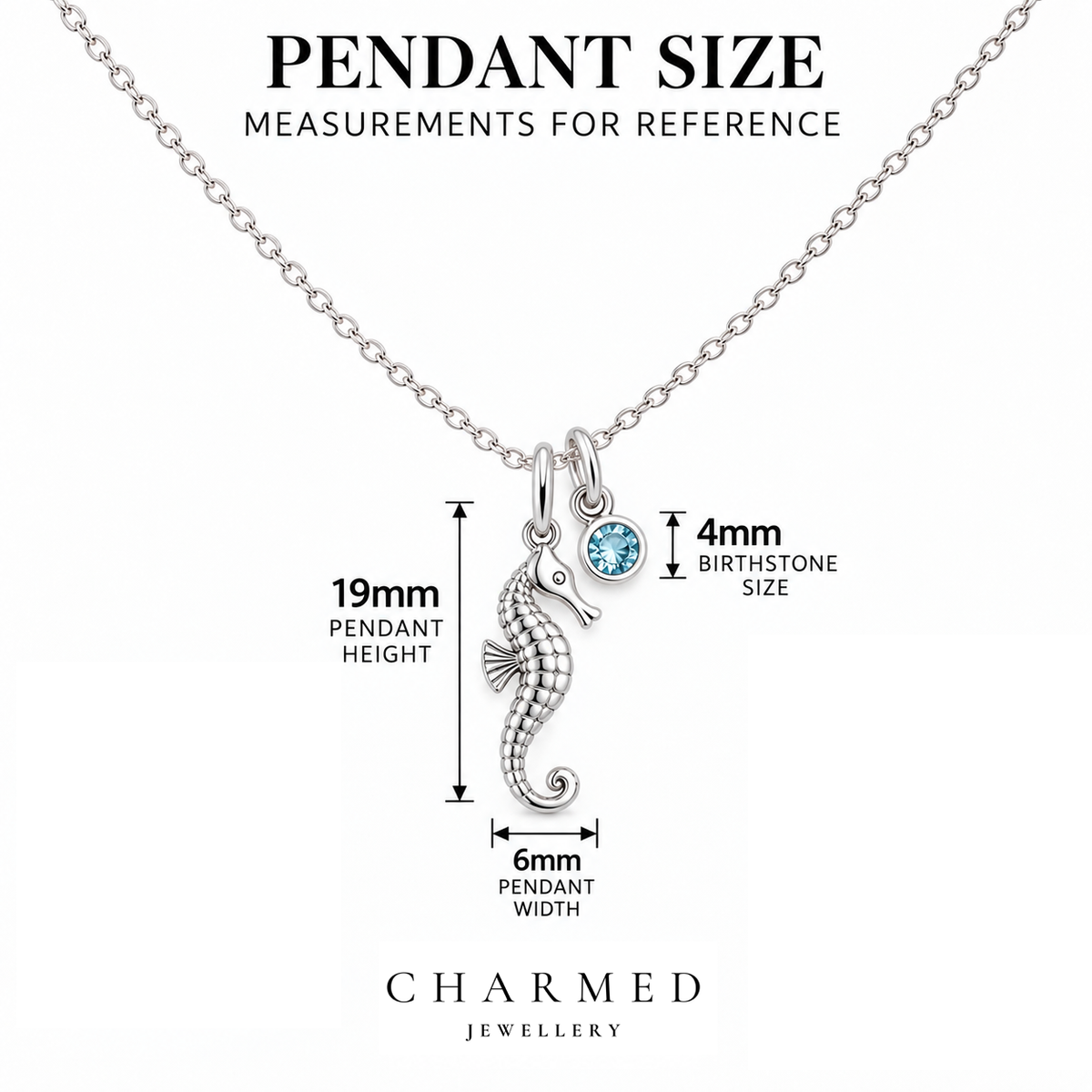 Seahorse Birthstone Necklace measurement guide – 19mm x 6mm pendant