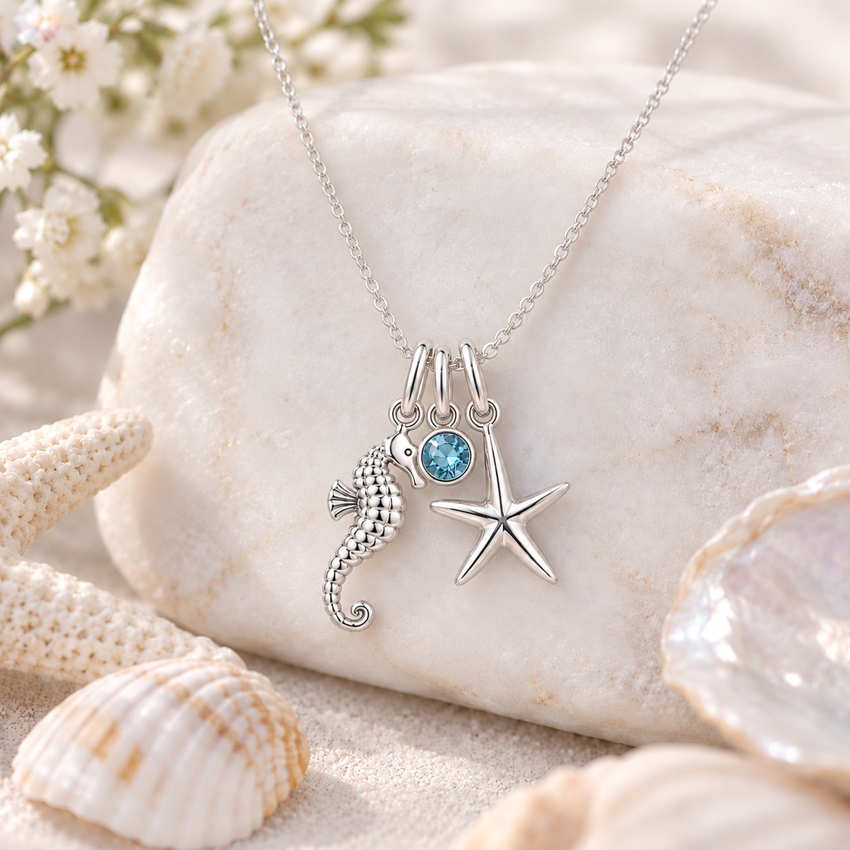 Sterling Silver Starfish and Seahorse Necklace with crystal birthstone