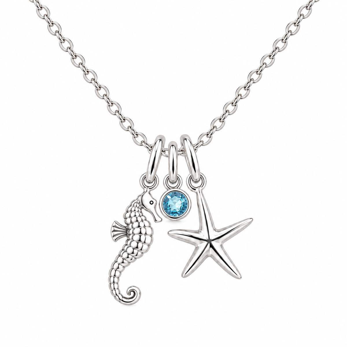 Starfish and Seahorse Birthstone Necklace in 925 sterling silver