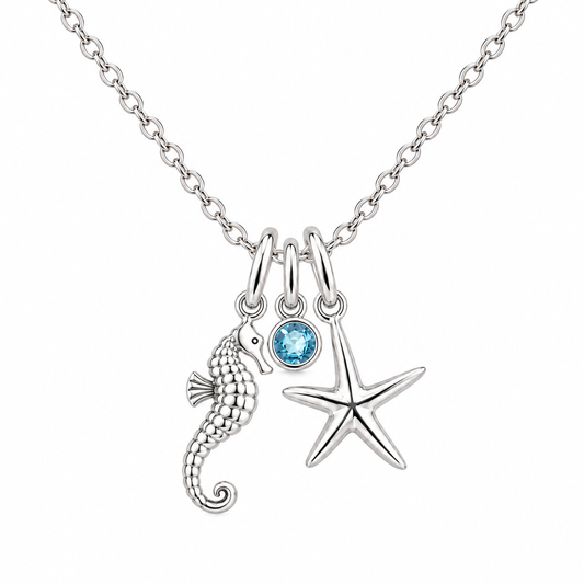 Starfish and Seahorse Birthstone Necklace in 925 sterling silver