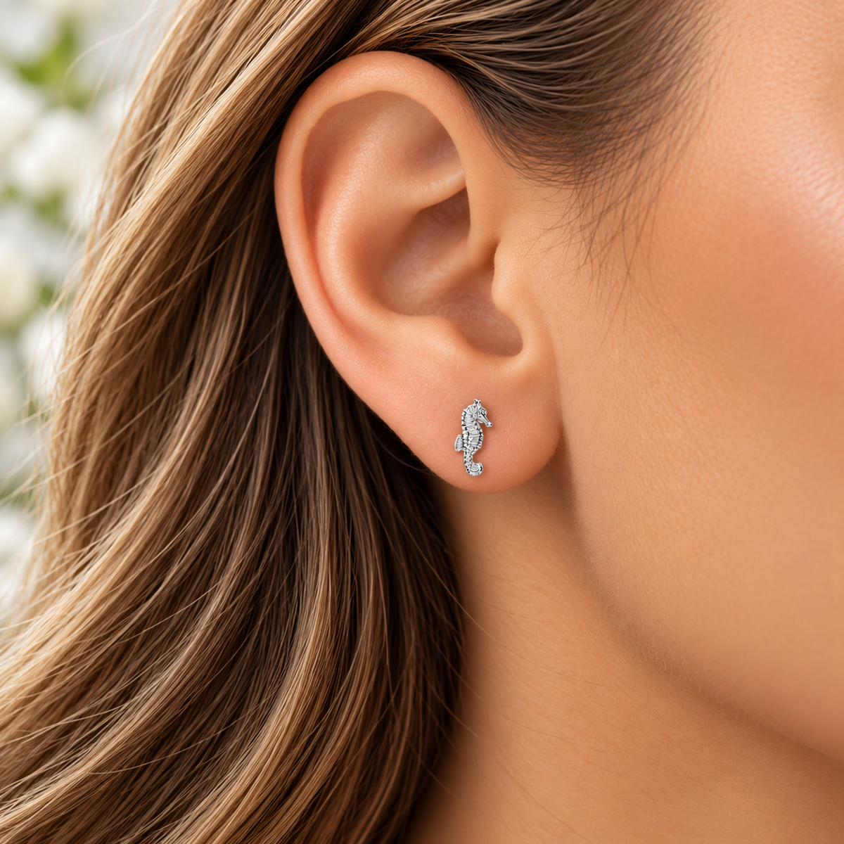 Sterling Silver Seahorse Stud Earrings worn by model