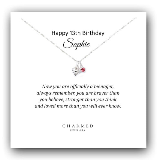 13th Birthday Puffy Heart Necklace with Birthstone in Sterling Silver 925 - Personalised Jewellery Gift