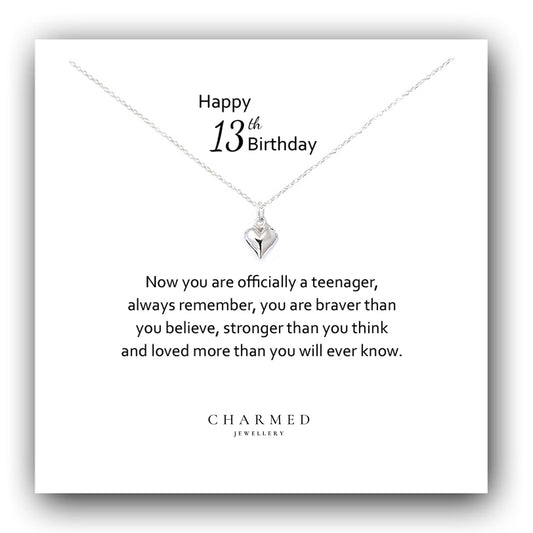 13th Birthday Puffy Heart Necklace in Sterling Silver 925 - Personalised Jewellery Gift