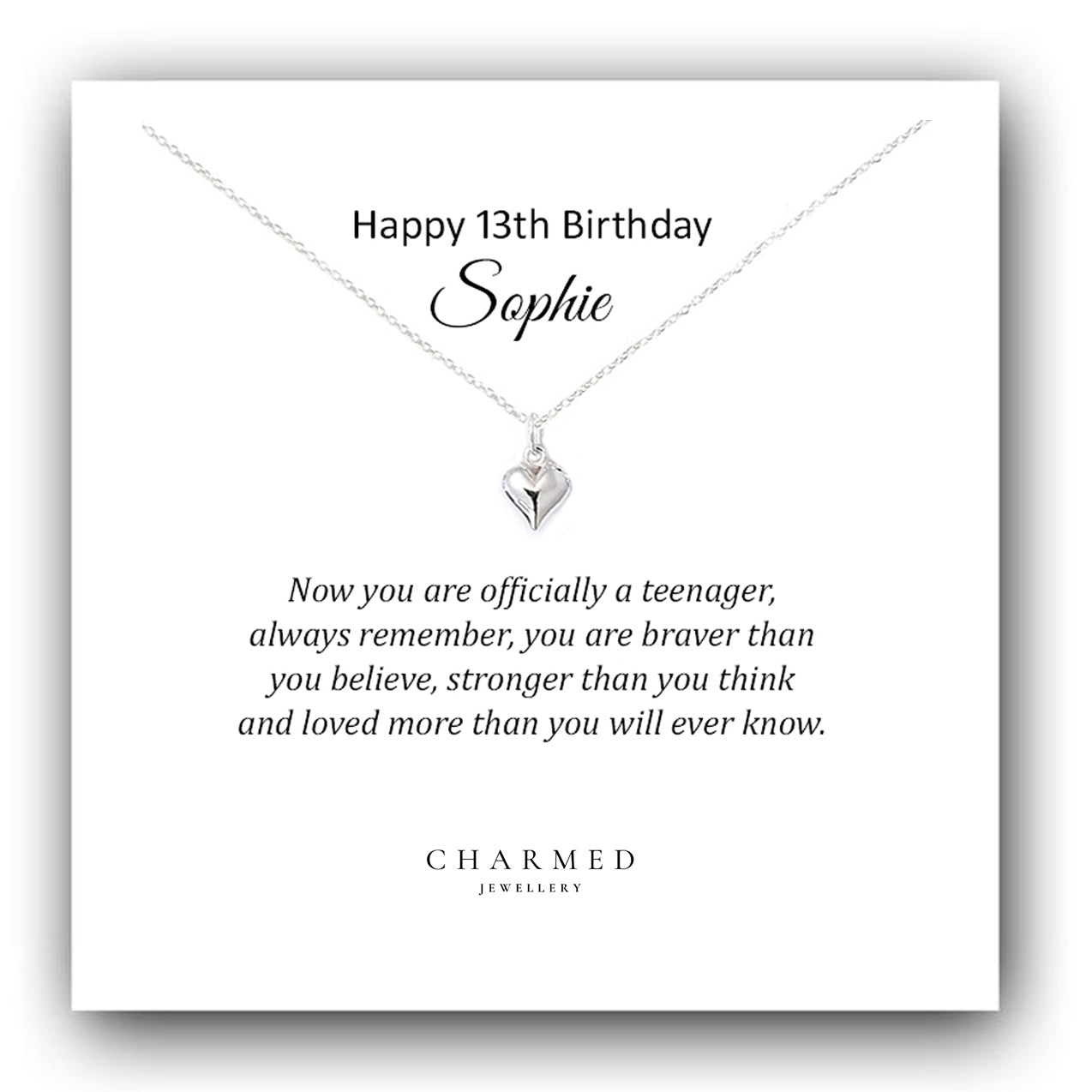 13th Birthday Puffy Heart Necklace in Sterling Silver 925 - Personalised Jewellery Gift