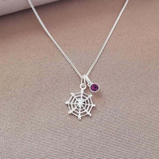 Spider Web Birthstone Necklace 925 Sterling Silver, Personalised Jewellery