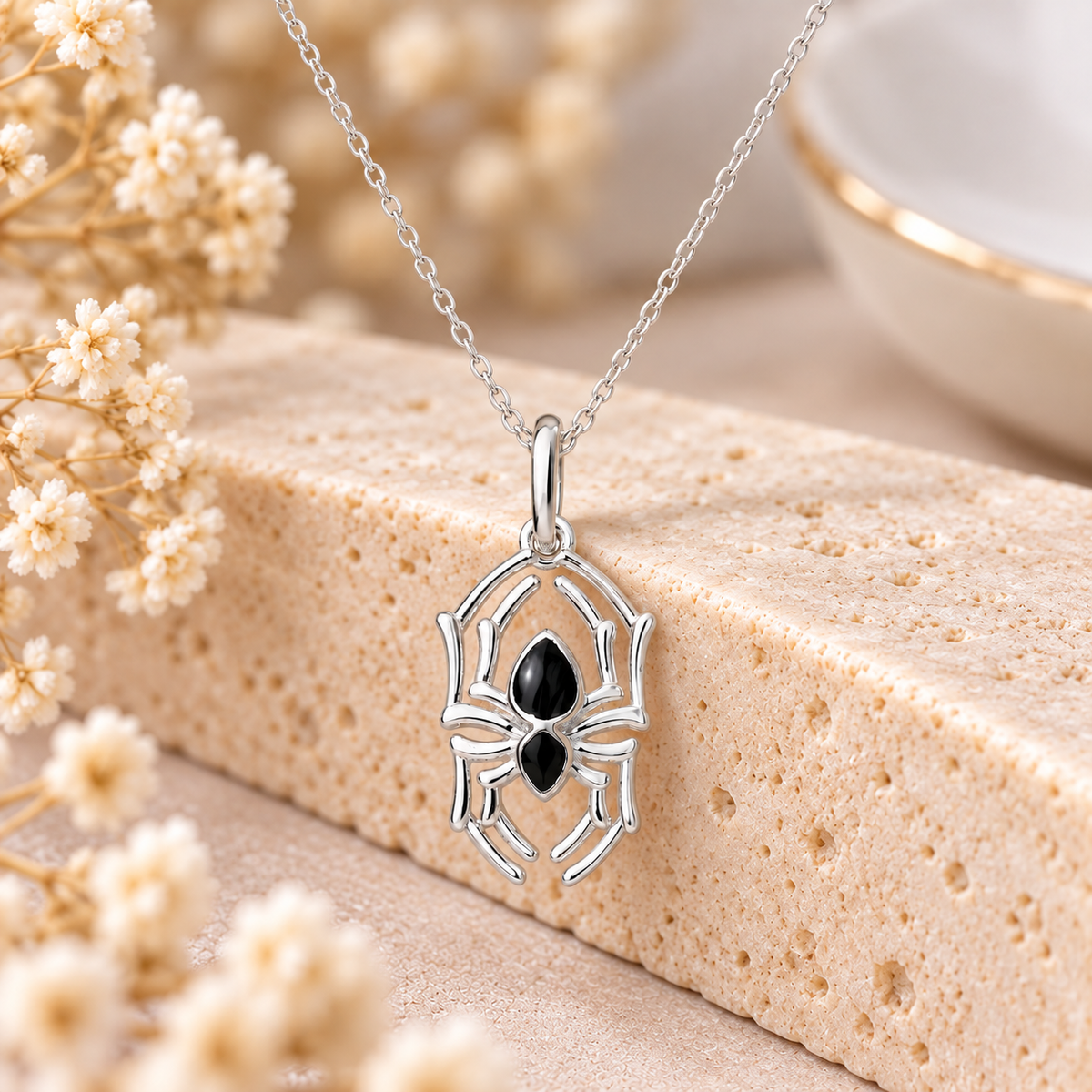 Sterling Silver Black Enamel Spider Necklace – gothic jewellery