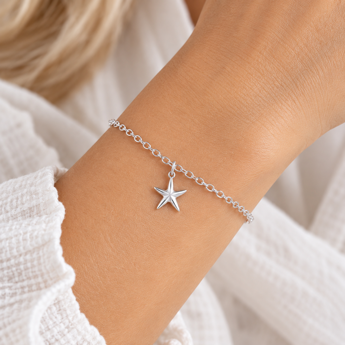 
Sterling Silver Starfish Charm Bracelet worn by model