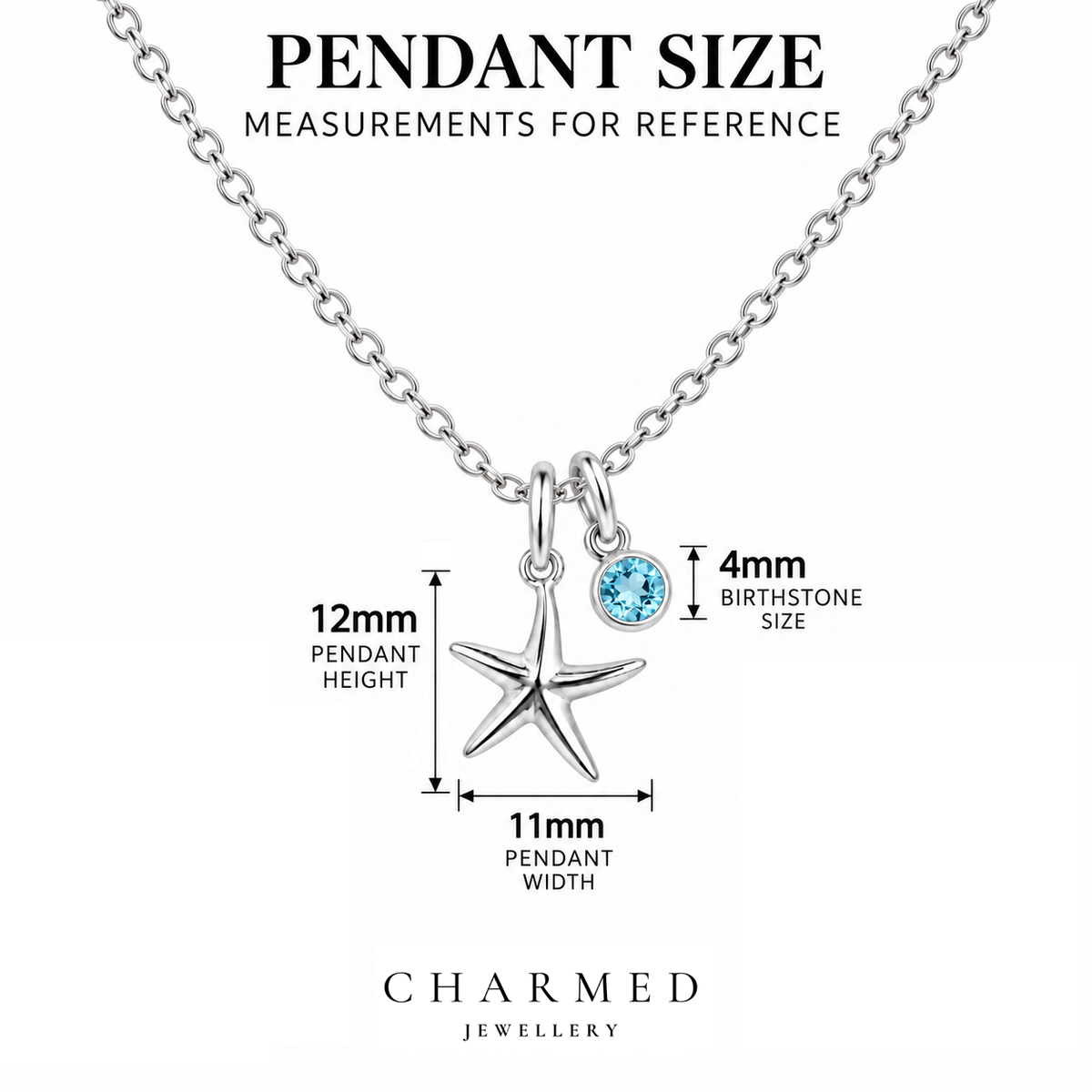 Starfish Birthstone Necklace measurement guide – 12mm x 11mm pendant