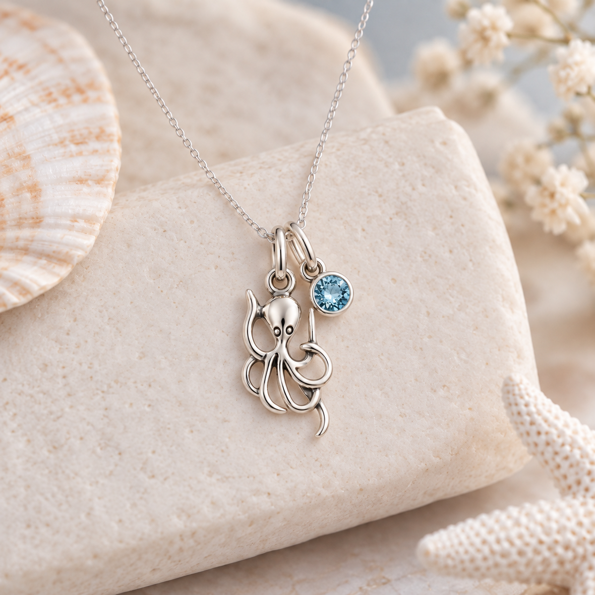 Sterling Silver Octopus Necklace with crystal birthstone
