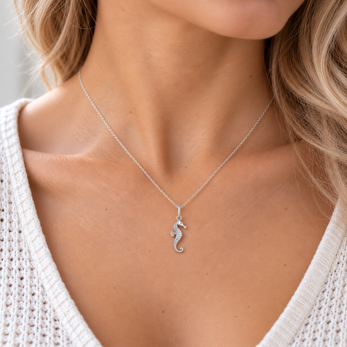 Sterling Silver Seahorse Necklace worn by model