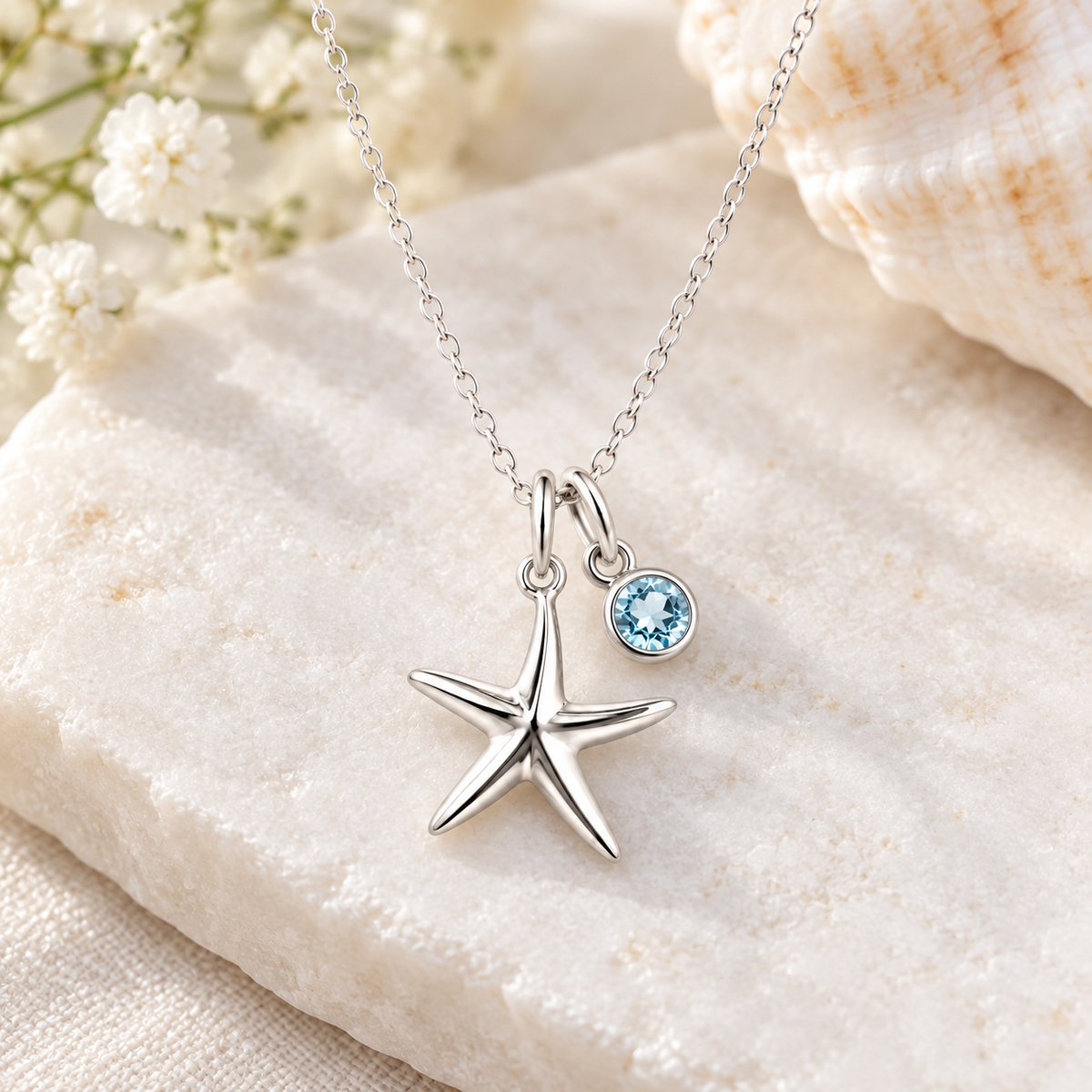 Sterling Silver Starfish Necklace with crystal birthstone