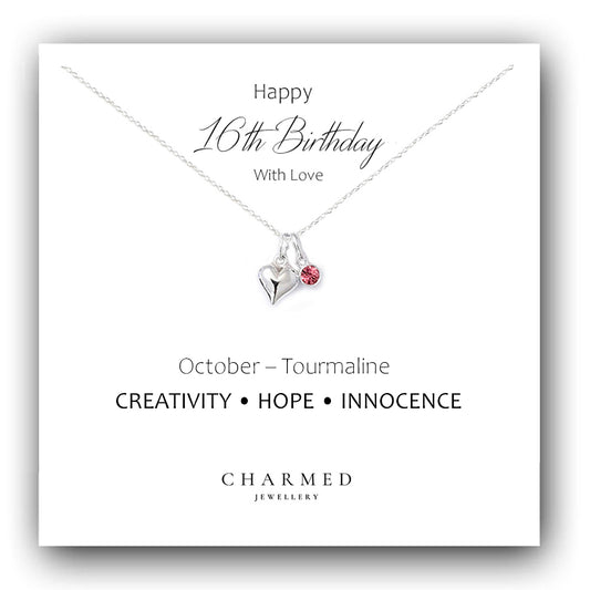 16th Birthday Gift, Puffy Heart Necklace with Choice of Swarovski Crystal Birthstone in Sterling Silver 925, Personalised Gift