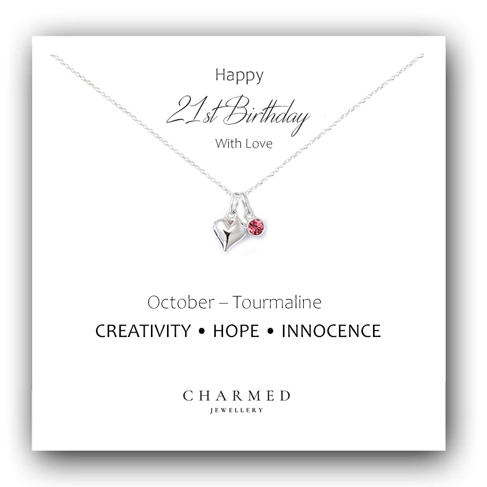 21st Birthday Gift, Puffy Heart Necklace with Choice of Swarovski Crystal Birthstone in Sterling Silver 925, Personalised Gift