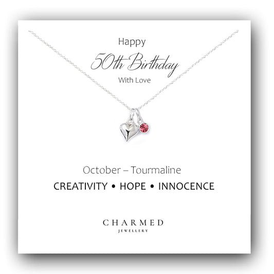 50th Birthday Gift, Puffy Heart Necklace with Choice of Swarovski Crystal Birthstone in Sterling Silver 925, Personalised Gift