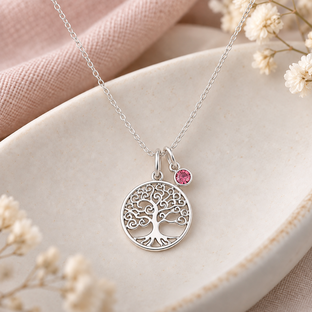 Sterling Silver Tree of Life Necklace with crystal birthstone