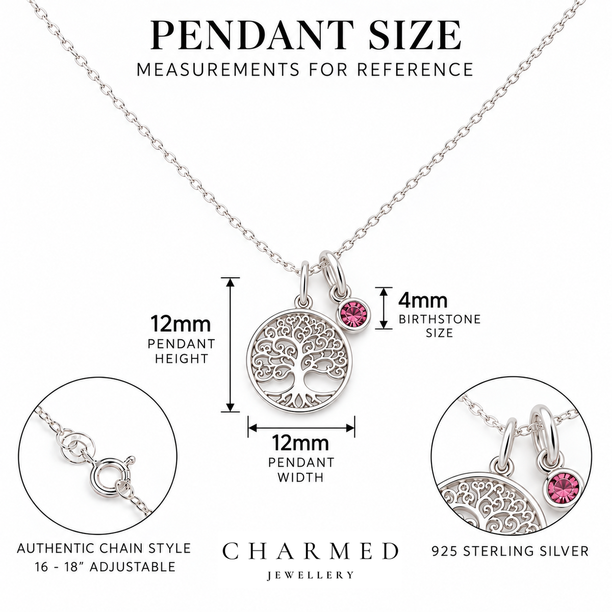 12mm Sterling Silver Tree of Life Pendant with birthstone charm