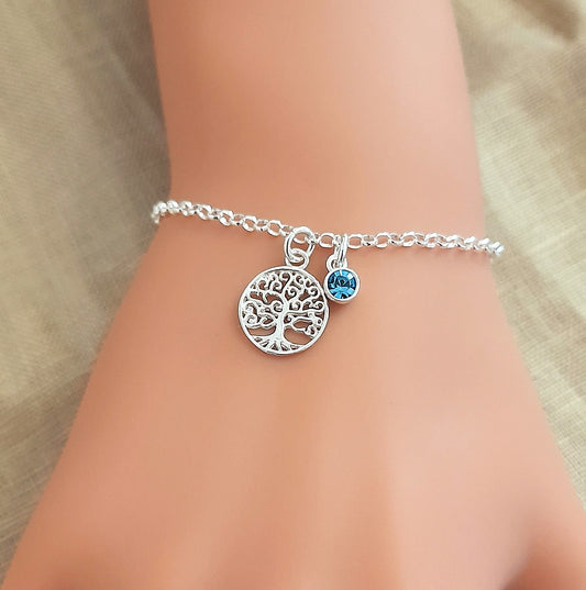 Tree of Life Bracelet with Crystal Birthstone in Sterling Silver 925 Personalised Jewellery