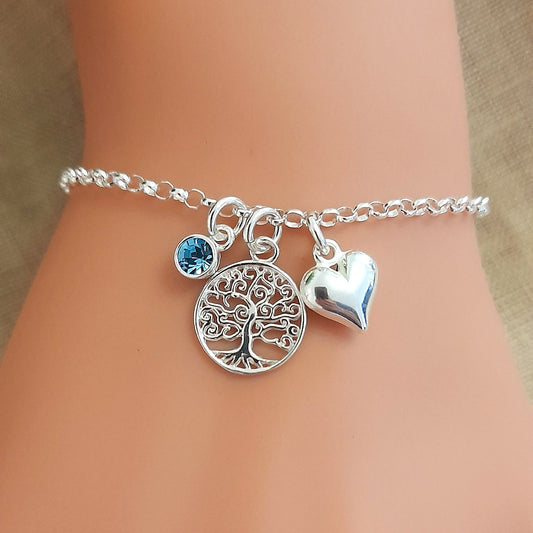 Tree of Life Bracelet with Puffy Heart and Optional Birthstone in Sterling Silver 925 Personalised Jewellery