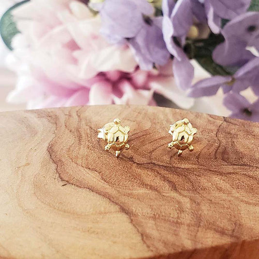 Gold Turtle Stud Earrings, 925 Sterling Silver