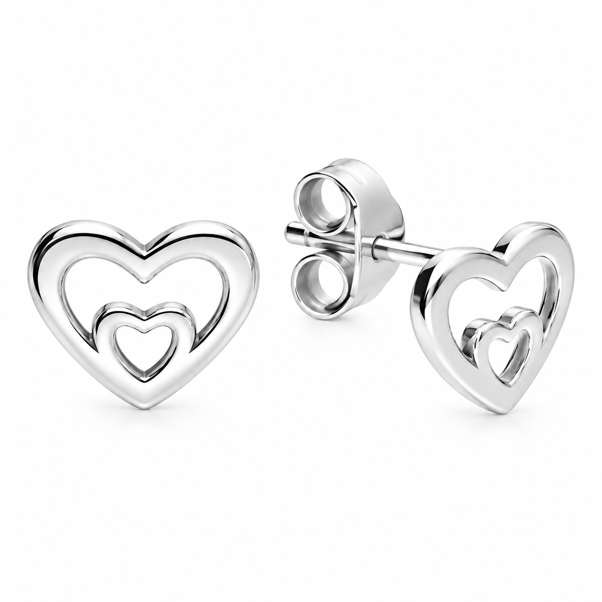 Sterling Silver Double Heart Stud Earrings with outline heart design