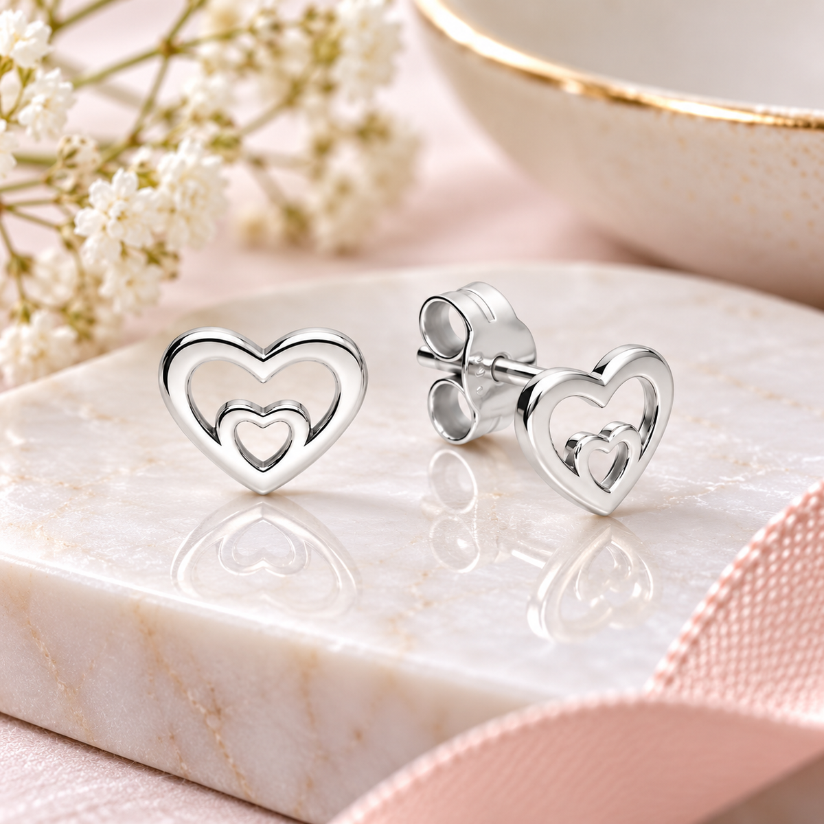 Small Double Heart Stud Earrings in 925 sterling silver