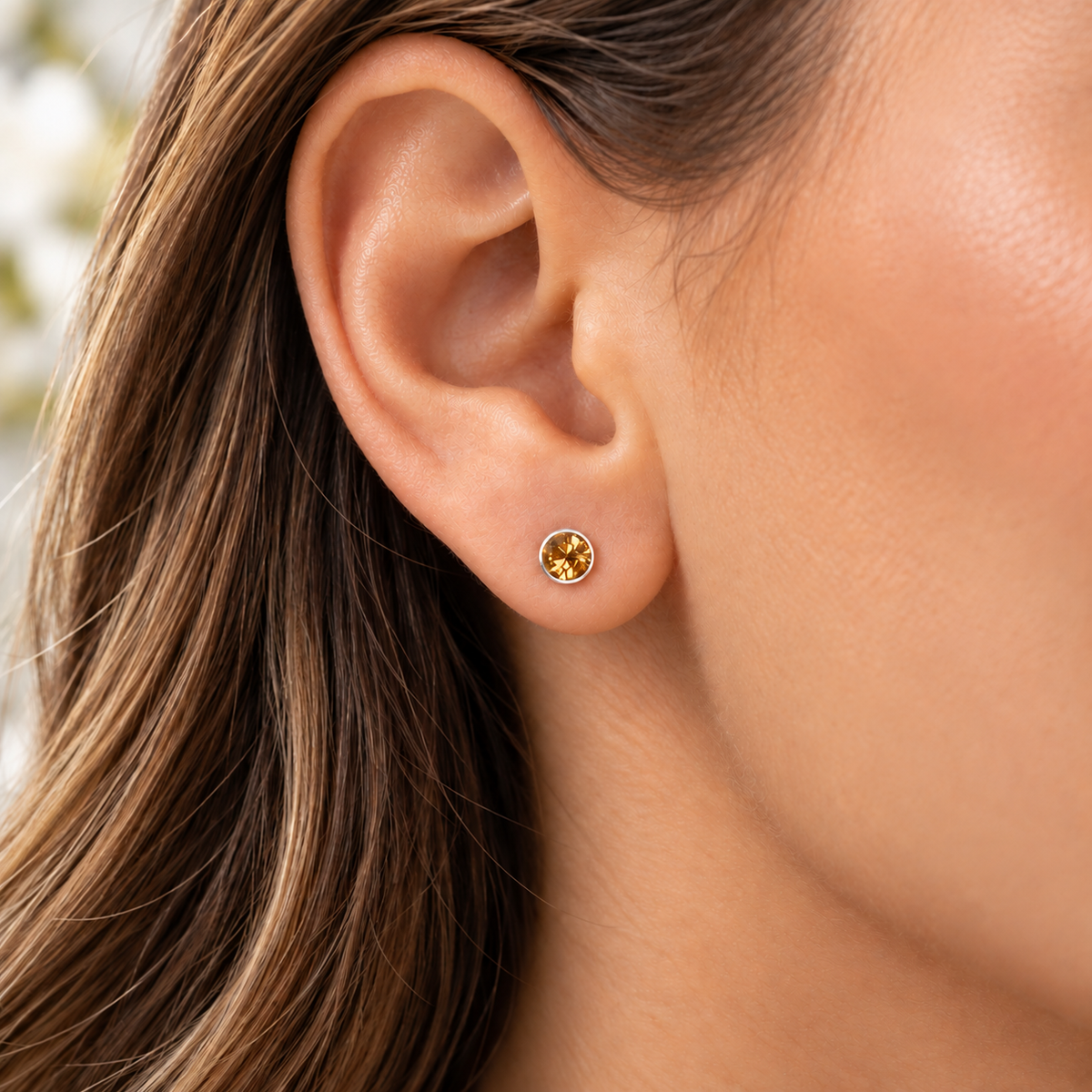 4mm November Yellow Topaz Birthstone Stud Earrings worn by model