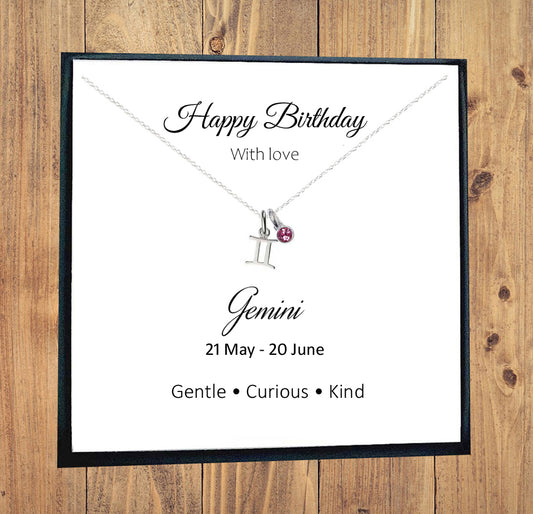 Zodiac Necklace with Birthstone in Sterling Silver 925, Birthday Gift, Personalised Jewellery Gift