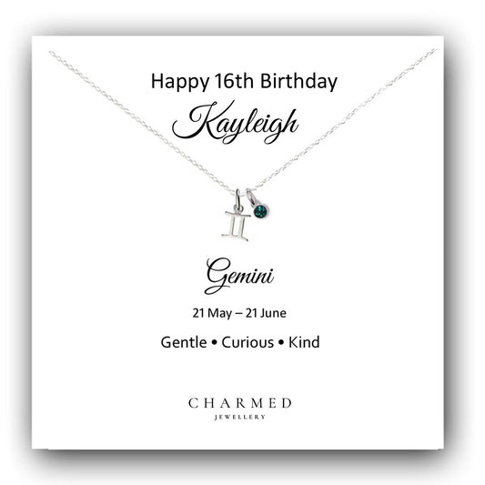 Sweet 16 Zodiac Necklace with Optional Birthstone in Sterling Silver 925, Personalised Jewellery Gift