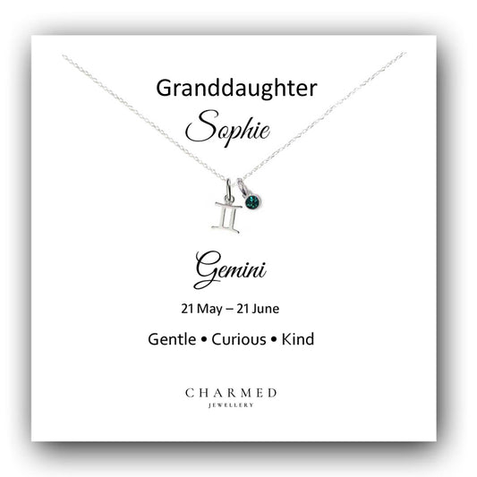 Granddaughter Gift, Zodiac Necklace with Optional Birthstone in Sterling Silver 925, Personalised Gift