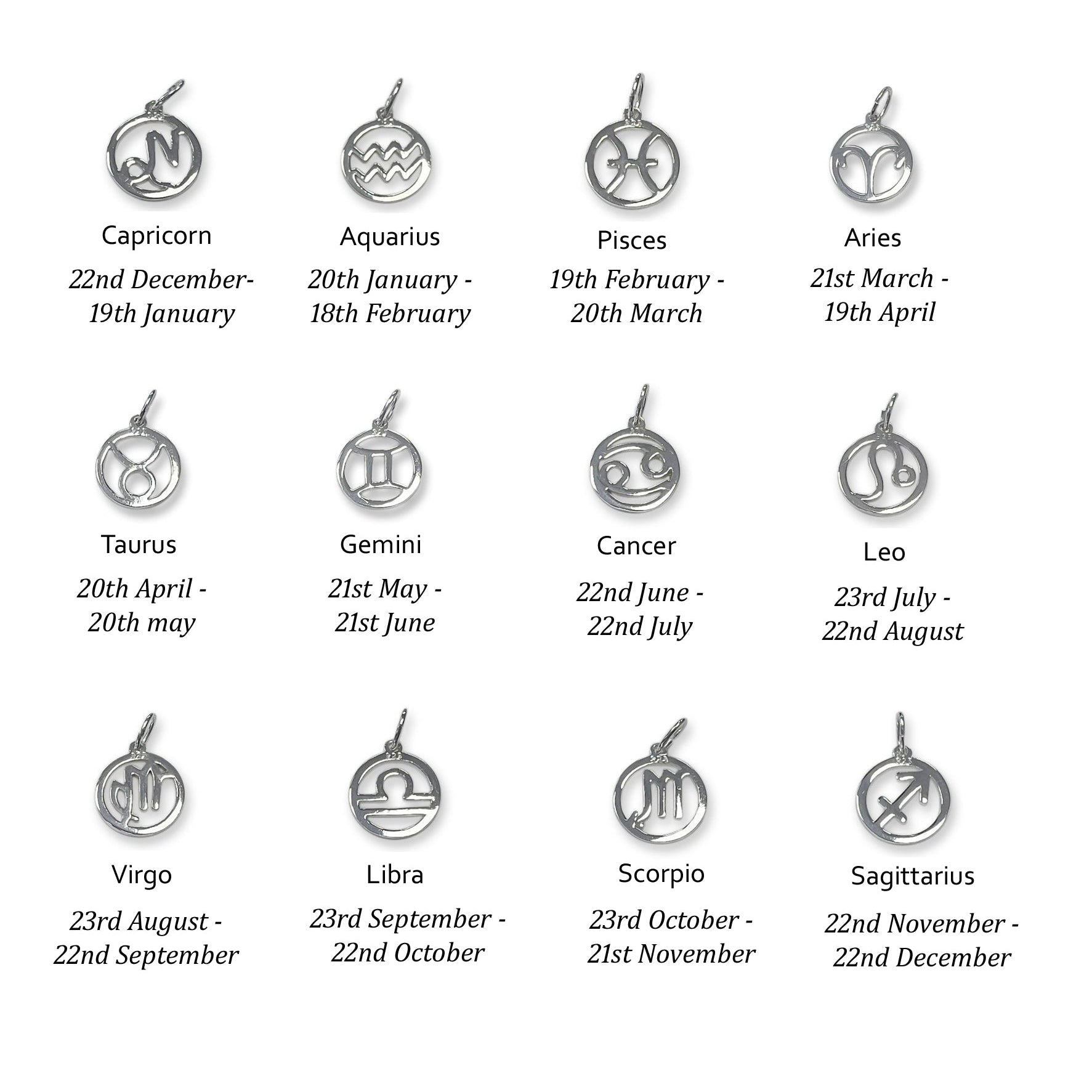 Zodiac sign pendants with corresponding dates
