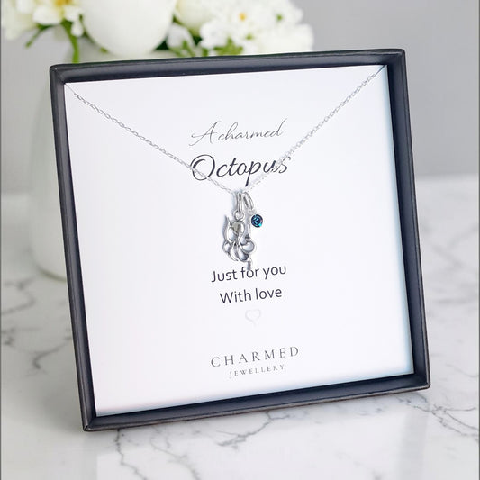 Octopus Birthstone Necklace Sterling Silver 925 | A Charmed Personalised Jewellery Gift