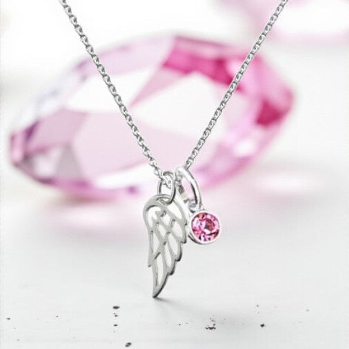 Angel Wing Birthstone Necklace Sterling Silver 925, Personalised Jewellery Gift
