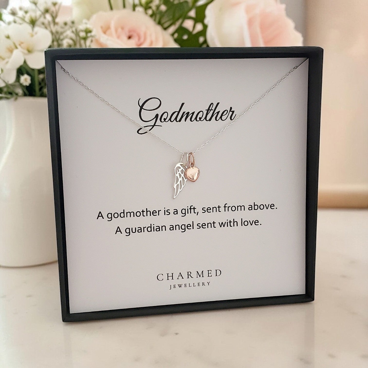 Godmother Gift | Angel Wing Necklace with Rose Gold Heart in Sterling Silver 925 | Message Card Jewellery