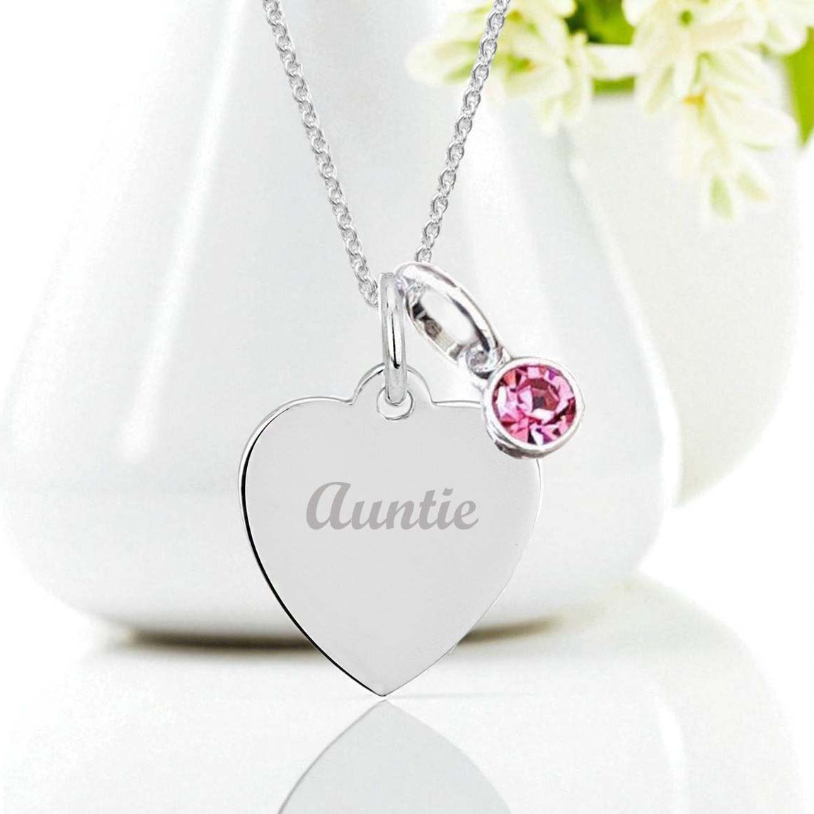 Auntie Engraved Necklace with Birthstone in Sterling Silver 925 | Personalised Jewellery Gift