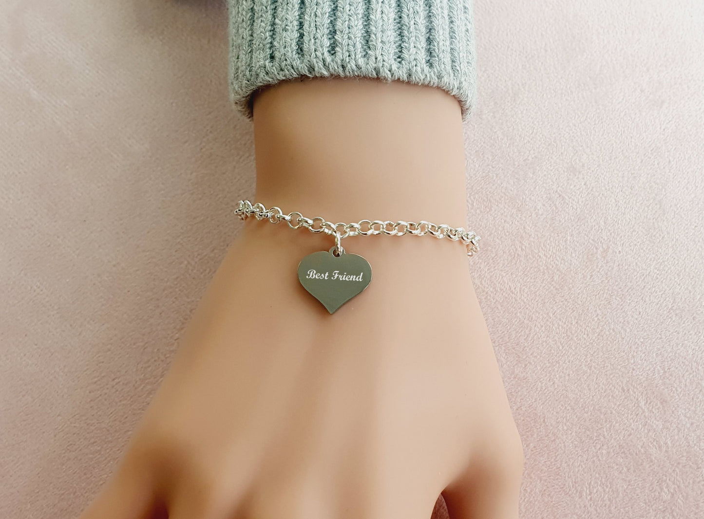 Best Friend Engraved Heart Charm Link Bracelet, Personalised Bracelet, Message Jewellery