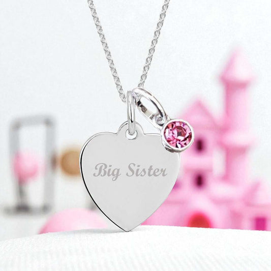 Big Sister Engraved Necklace with Birthstone in Sterling Silver 925 | Personalised Jewellery Gift