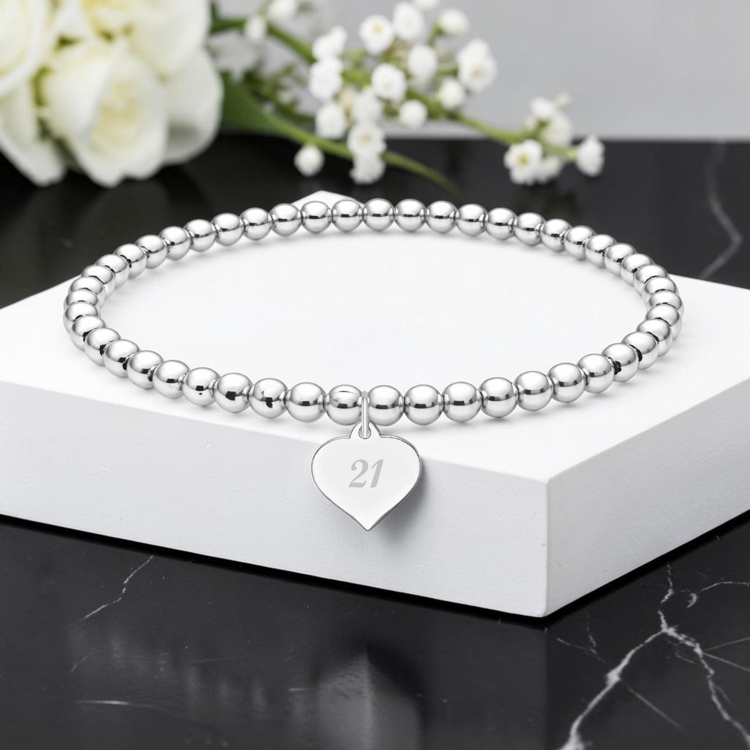 Milestone Birthday Personalised Engraved Stretch Bracelet | Sterling Silver 925 | 4mm Beads