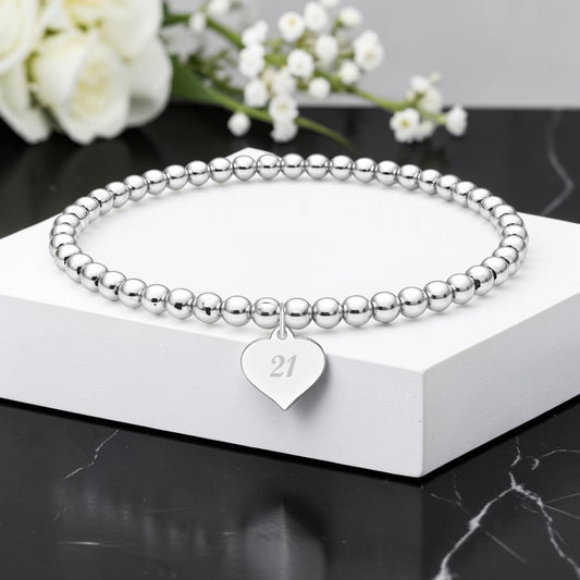 Milestone Birthday Personalised Engraved Stretch Bracelet | Sterling Silver 925 | 4mm Beads
