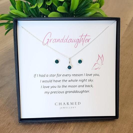 Granddaughter Crystal Birthstone Necklace & Earrings Gift Set in Sterling Silver 925 | Personalised Jewellery Gift
