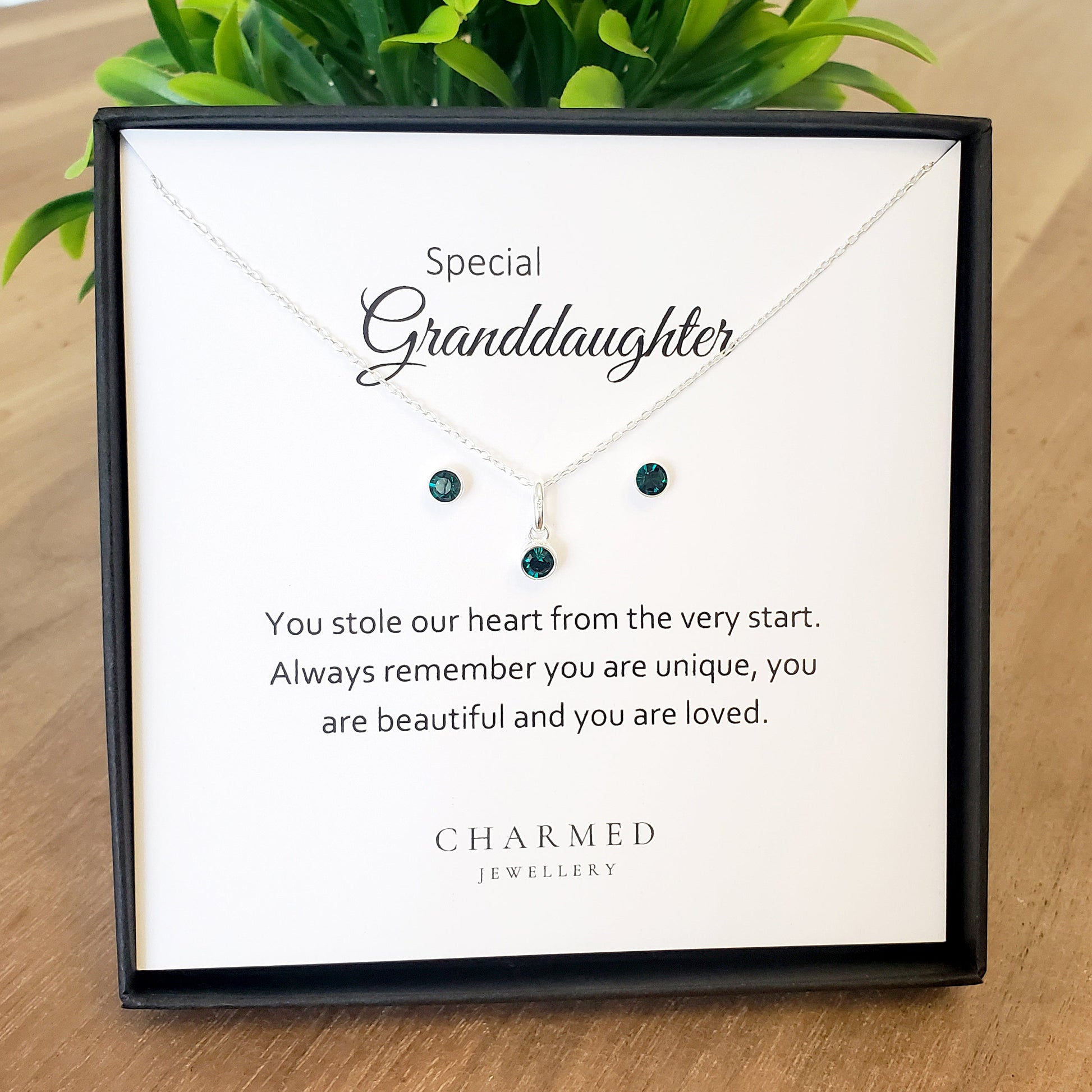 Granddaughter Crystal Birthstone Necklace & Earrings Gift Set in 925 Sterling Silver | Personalised Jewellery Gift