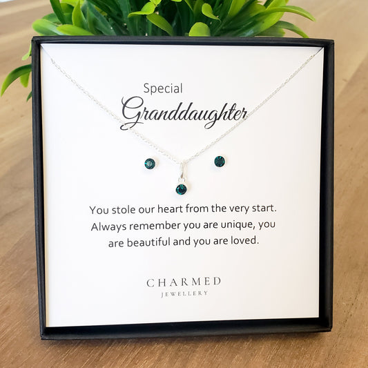 Granddaughter Crystal Birthstone Necklace & Earrings Gift Set in 925 Sterling Silver | Personalised Jewellery Gift