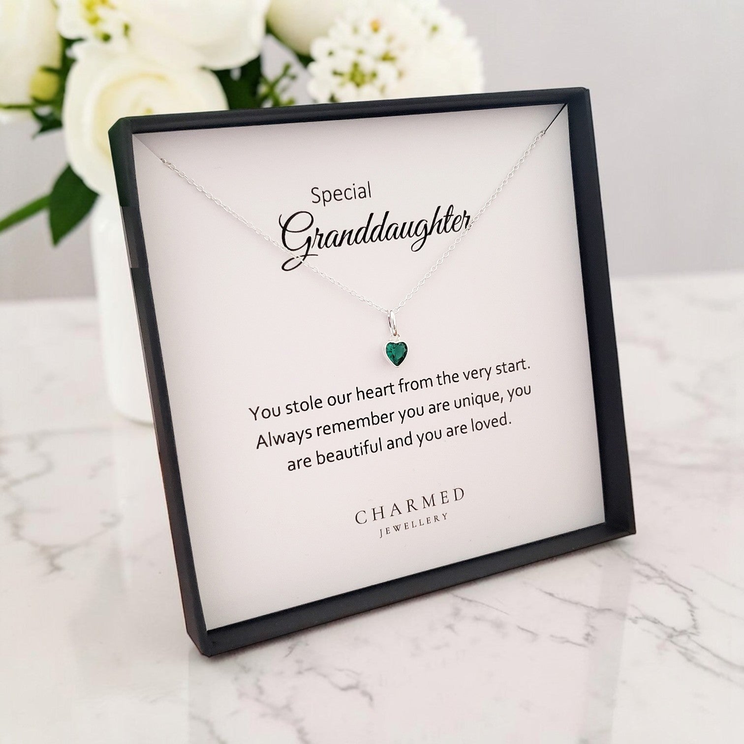 Granddaughter Heart Necklace with Birthstone | Sterling Silver 925 | Personalised Jewellery Gift