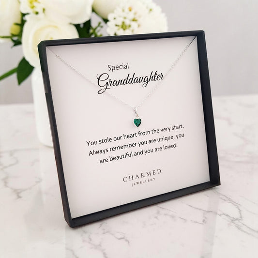 Granddaughter Heart Necklace with Birthstone | Sterling Silver 925 | Personalised Jewellery Gift