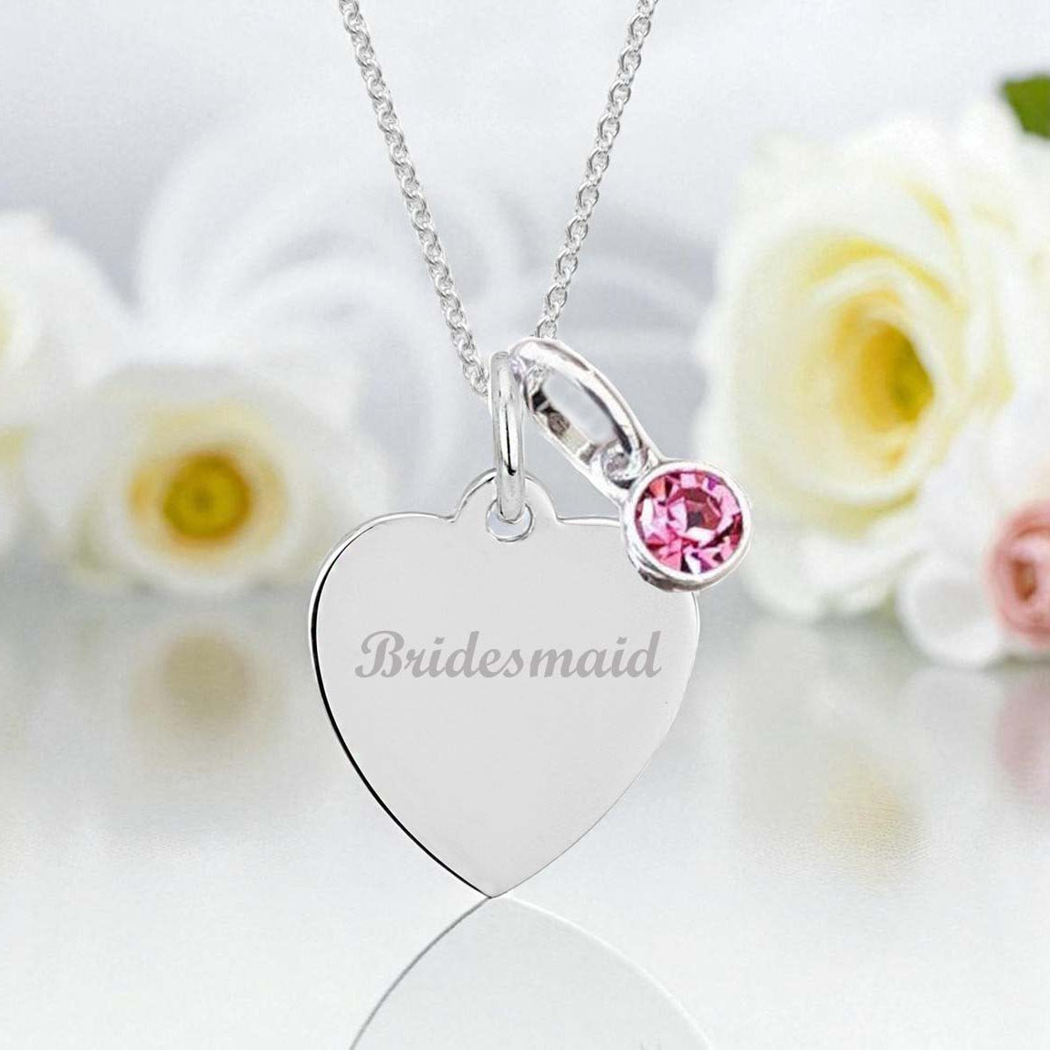 Bridesmaid Engraved Necklace with Birthstone in Sterling Silver 925 | Personalised Jewellery Gift