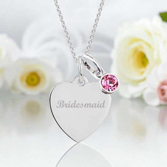 Bridesmaid Engraved Necklace with Birthstone in Sterling Silver 925 | Personalised Jewellery Gift
