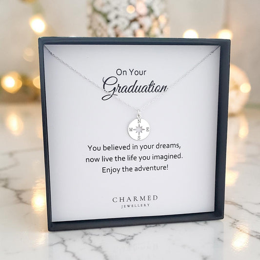 Graduation Gift, Compass Necklace in Sterling Silver 925, Personalised Jewellery Gift